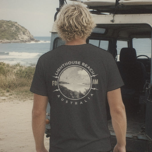 Lighthouse Beach Tee - Foam Riders surf tee, back print