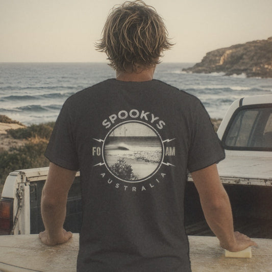 Spookys Tee - Foam Riders surf tee, back print